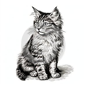 Detailed Realism: Sketch Style Kitten Print Stamp On White Background