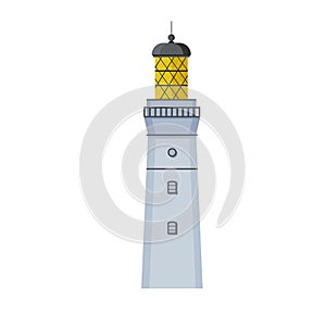 Detailed realistic light beacon. Lighthouse in flat design. Search tower with a searchlight beam for marine navigation