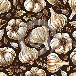 Detailed realistic seamless pattern featuring fresh garlic bulbs in a close up style