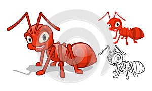 Detailed Red Ant Cartoon Character with Flat Design and Line Art Black and White Version