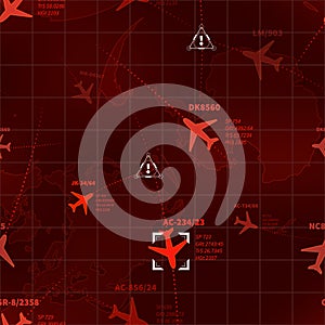 Detailed red military radar with planes traces and targets seamless pattern