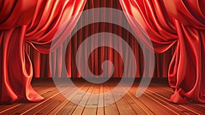 Detailed red stage curtain with wooden floor. Backdrop for opera or concert grand opening or cinema premiere. A