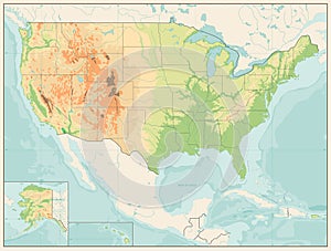 Detailed Relief map of USA. Retro color