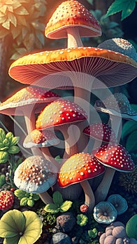 A detailed rendering of different types of fungi