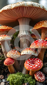 A detailed rendering of different types of fungi
