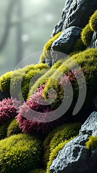 A detailed rendering of different types of moss