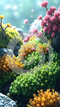 A detailed rendering of different types of moss