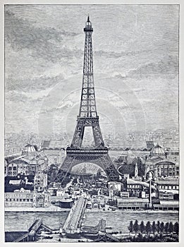 Detailed reprography of a vintage engraved illustration from Eiffel Tower