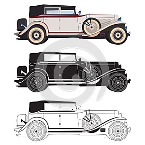 Detailed retro car, vector adillac for design, isolated black and white car in realistic style in vector, retro car in