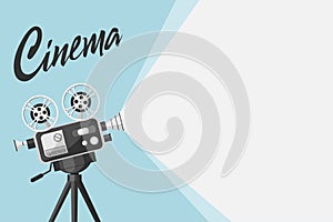 Detailed retro movie projector with film reels. Cinema background. Film festival template for banner, flyer, poster in retro style