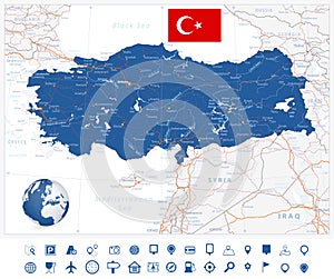 Detailed road vector map of Turkey and navigation icons
