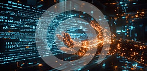 Futuristic robotic hand surrounded by glowing data in a digital environment