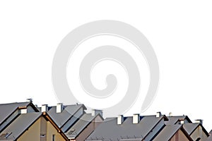 Row house roofs panorama, large detailed isolated panoramic multiple condos rooftop roofscape closeup