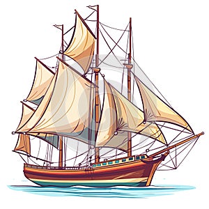 Detailed sailing ship illustration, vintage style galleon water. Sails fully deployed, brown hull photo