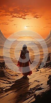 Detailed Science Fiction Illustration: A Man In A Red Cloak Walking Through A Desert