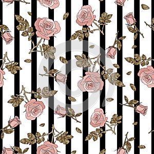 Detailed seamless pattern with pink rose and golden leaves in black and white stripe background. Romantic, vintage style for