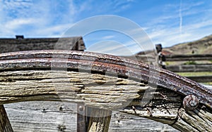 A detailed segment of an antique wagon wheel