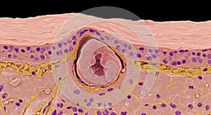 Microscopic View of Human Skin Cross Section: Detailed Anatomy of Epidermis, Dermis, and Sebaceous Gland photo