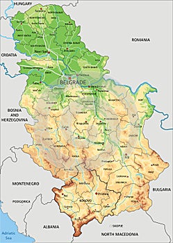 Detailed Serbia physical map with labeling.