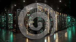 Detailed Server Racks and High-Tech Networking Architecture. Cloud Data Center Infrastructure Visualization with Complex Computing