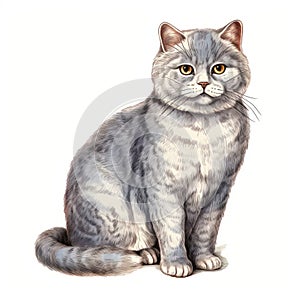 Detailed Shaded Illustration Of British Longhaired Cat On White Background