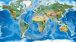 Detailed shaded relief world map with topography and ocean bathymetry visualization