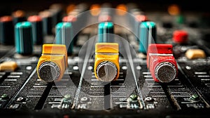 Close-up view of a professional audio mixing console with sliders and knobs