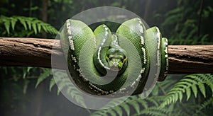 Green Tree Python Coiled on Branch with a Rainforest Background.