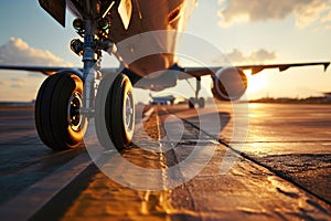 A detailed shot capturing the airplane's undercarriage as it rises from the runway, exemplifying the sophistication