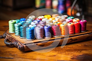 a detailed shot of colorful spools of thread on an old wooden table