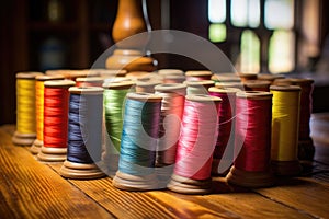 a detailed shot of colorful spools of thread on an old wooden table