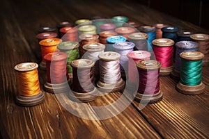 a detailed shot of colorful spools of thread on an old wooden table