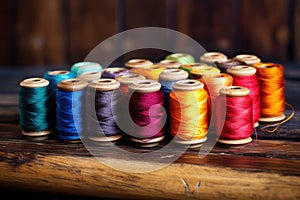 a detailed shot of colorful spools of thread on an old wooden table