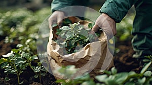 A detailed shot of a compostable mailer bag being filled with products promoting its environmentallyfriendly features photo