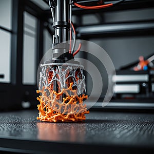A detailed shot of a 3D printer creating a complex object