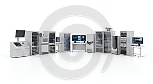 Data Center Server Array with Computer Racks Storage Systems and Networking Hardware on a White Background for