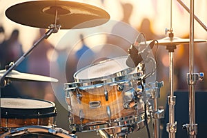 Detailed shot drum kit at summer outdoor rock party
