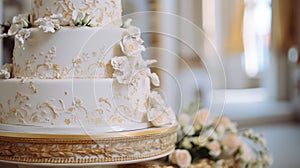 Detailed shot of elaborately adorned wedding cake photo