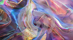 A detailed shot of a fabriclike material with an iridescent sheen and holographic patterns woven within its fibres