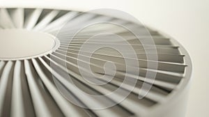 A detailed shot of the fans minimalist design with simplistic blades and neutral colors