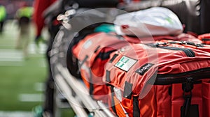 A detailed shot of the first aid kits stationed throughout the stadium for quick and easy access in case of emergencies