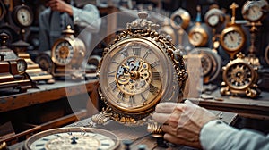 Detailed shot focusing on the careful restoration of antique clocks, showcasing the precision a