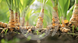 A detailed shot of a fullygrown turmeric plant with the thick rhizomes visible just below the surface of the soil photo