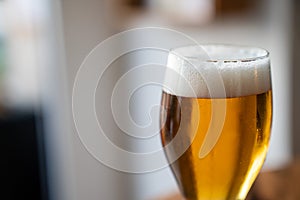 Detailed shot of glass filled with freshly poured foamy golden beer