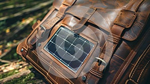 A detailed shot of a handcrafted leather bag featuring a builtin solar panel. The combination of artis leatherwork and