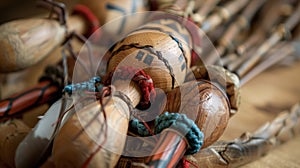 A detailed shot of a handcrafted rattles rattle used in many Native American healing ceremonies for its powerful photo