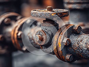 Close-up of a rusted industrial pipe valve showing corrosion and wear