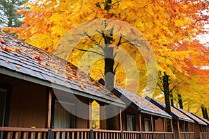 detailed shot of lodges roof covered by autumn leaves