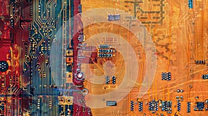 A detailed shot of a printed circuit board on a textile created by using conductive paints. The tiny electrical pathways photo