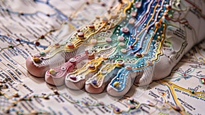 A detailed shot of a reflexology foot chart with each reflex point intricately labeled and colorcoded to represent the